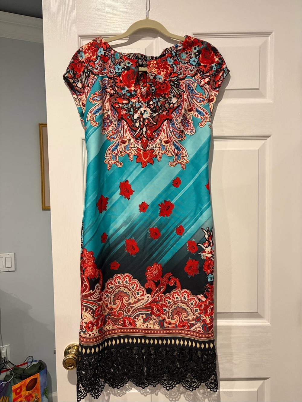 ECI Teal & Red Printed Midi Dress with Black Lace Hem